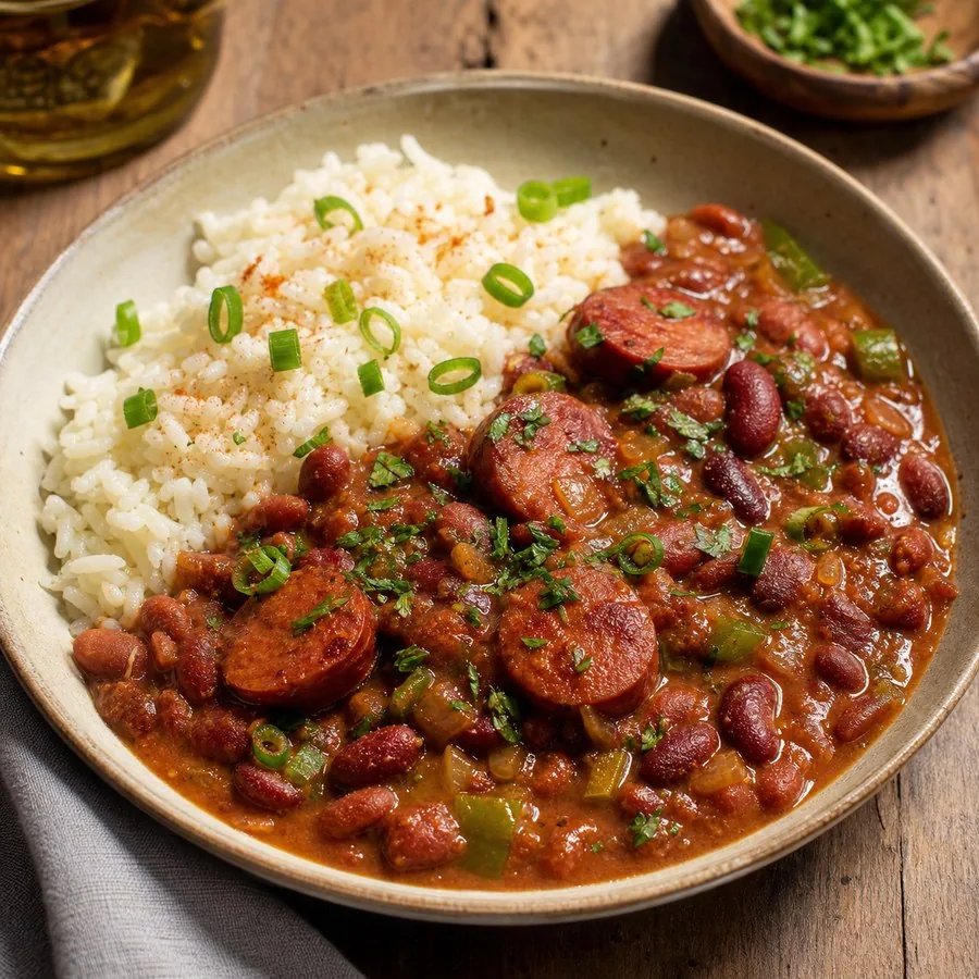 Cajun Red Beans with Andouille and Quick Rice, finished dish