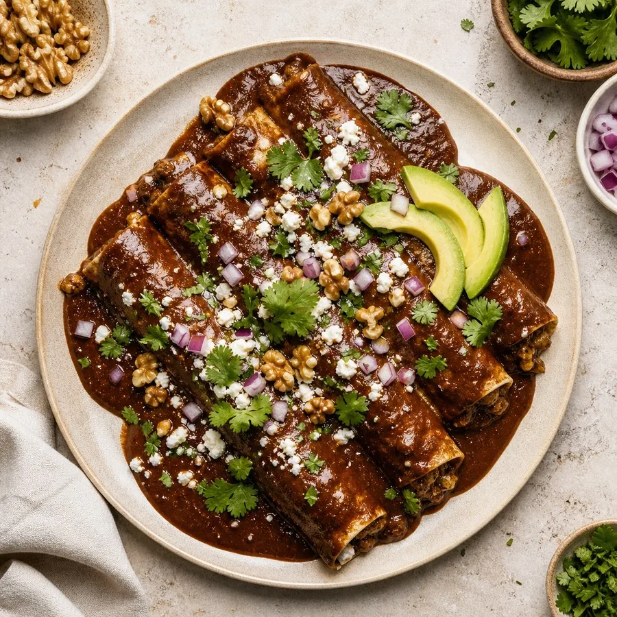 California Walnut Mole Enchiladas, finished dish