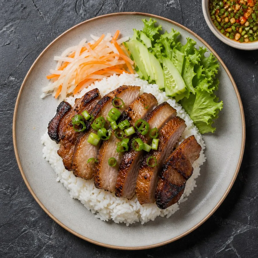Cambodian Bai Sach Chrouk Pork Rice, original finished dish food photograph