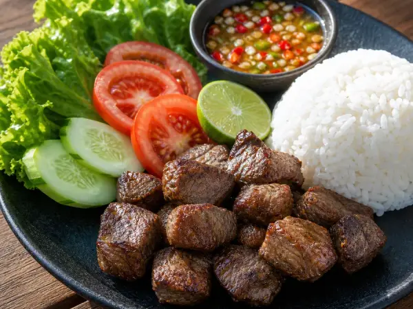 Cambodian Beef Lok Lak with Rice, finished dish