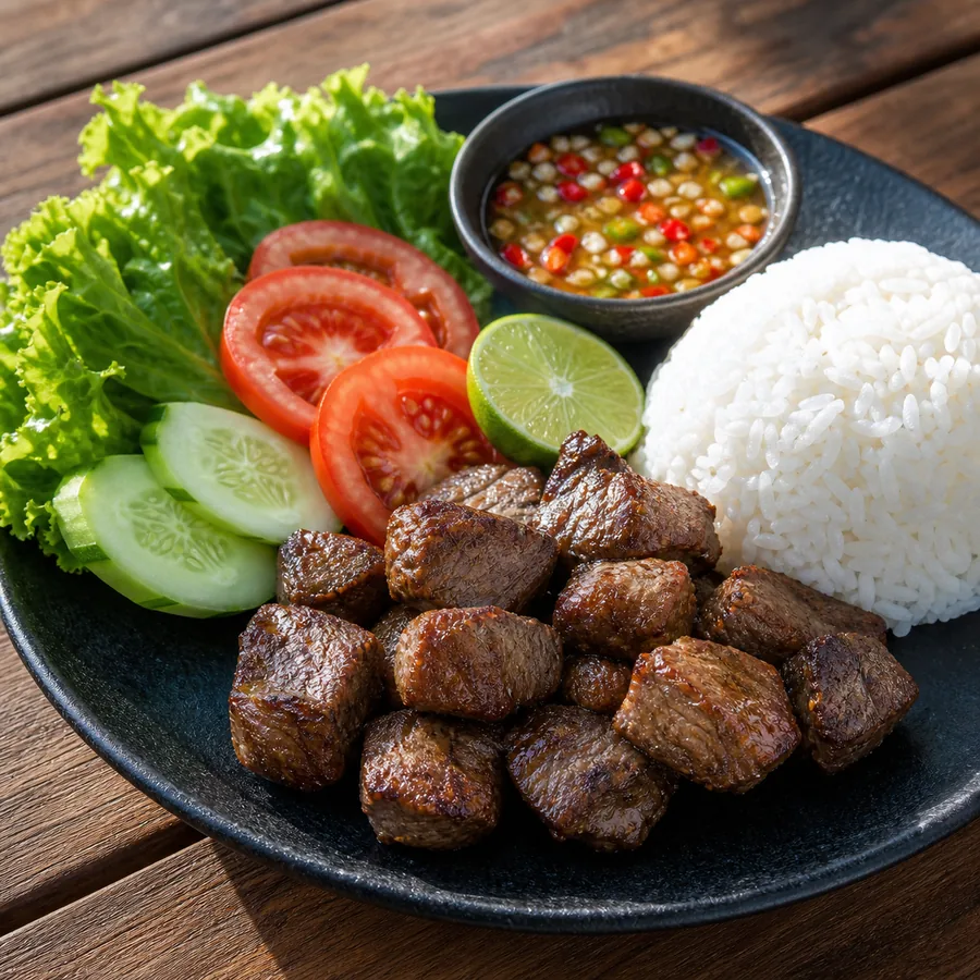 Cambodian Beef Lok Lak with Rice, finished dish
