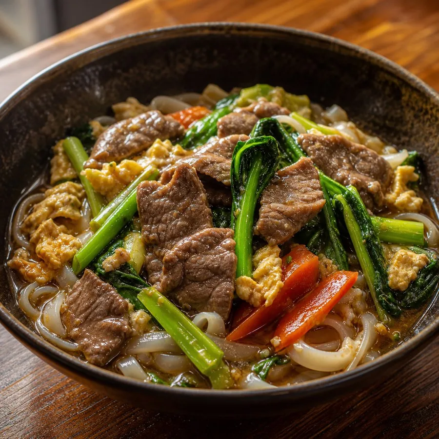 Cambodian Lort Cha Beef Rice Noodles, original finished dish food photograph