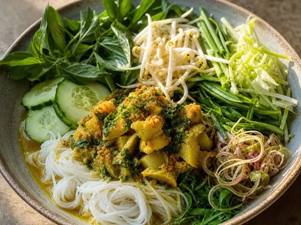 Cambodian Nom Banh Chok Herb Noodles, original finished dish food photograph