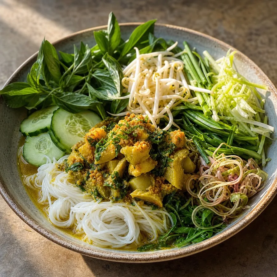 Cambodian Nom Banh Chok Herb Noodles, original finished dish food photograph