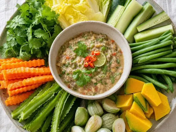 Cambodian Prahok Ktis Coconut Dip with Vegetables, original finished dish food photograph