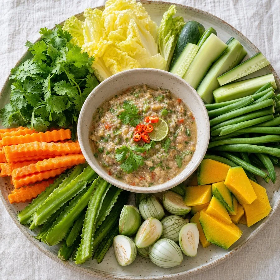 Cambodian Prahok Ktis Coconut Dip with Vegetables, original finished dish food photograph