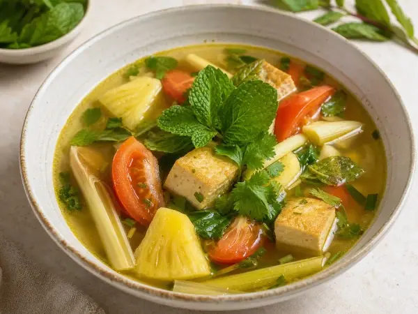 Cambodian Samlor Machu Kroeung Tofu Soup, finished dish