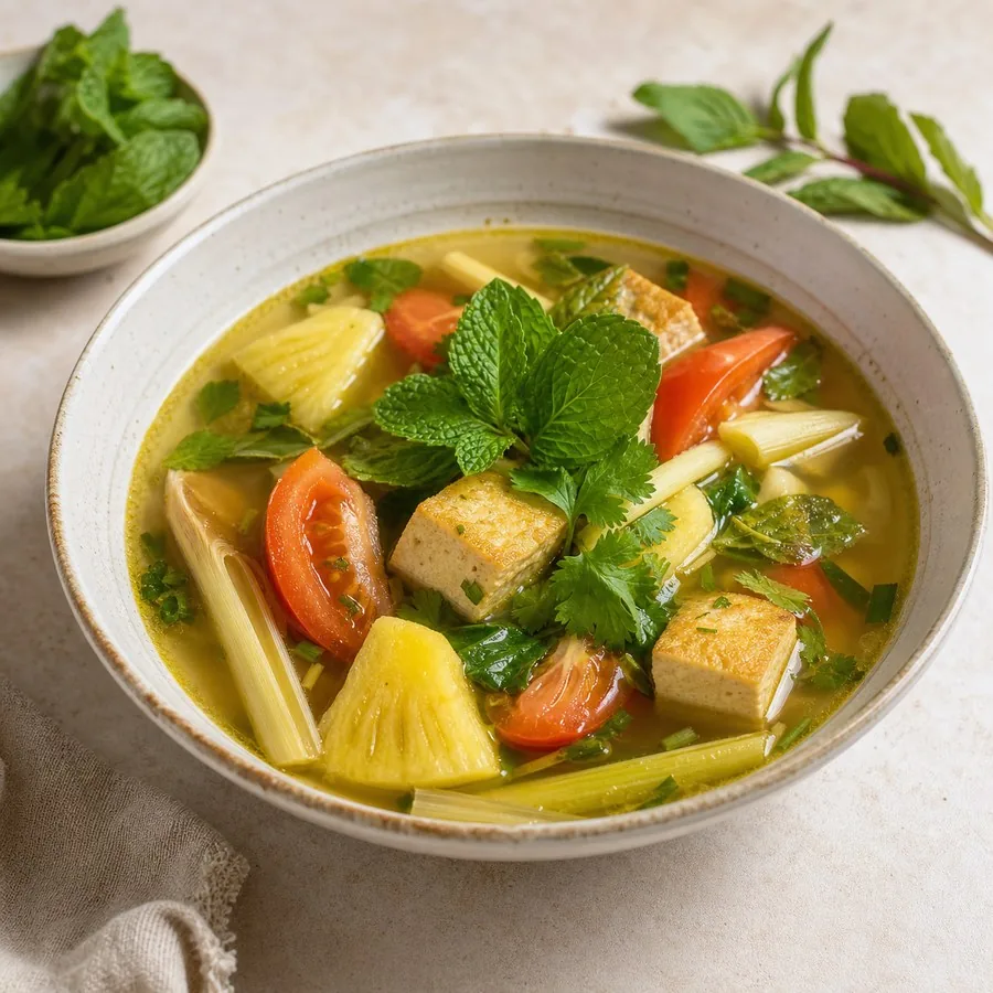 Cambodian Samlor Machu Kroeung Tofu Soup, finished dish