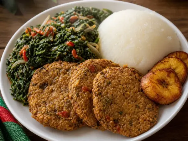 Cameroonian Koki Bean Cakes, plated as a finished dinner