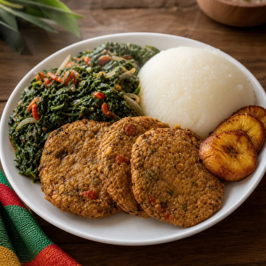 Cameroonian Koki Bean Cakes, plated as a finished dinner