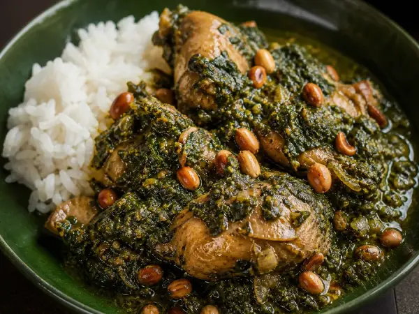 Cameroonian Ndole Chicken with peanuts and rice