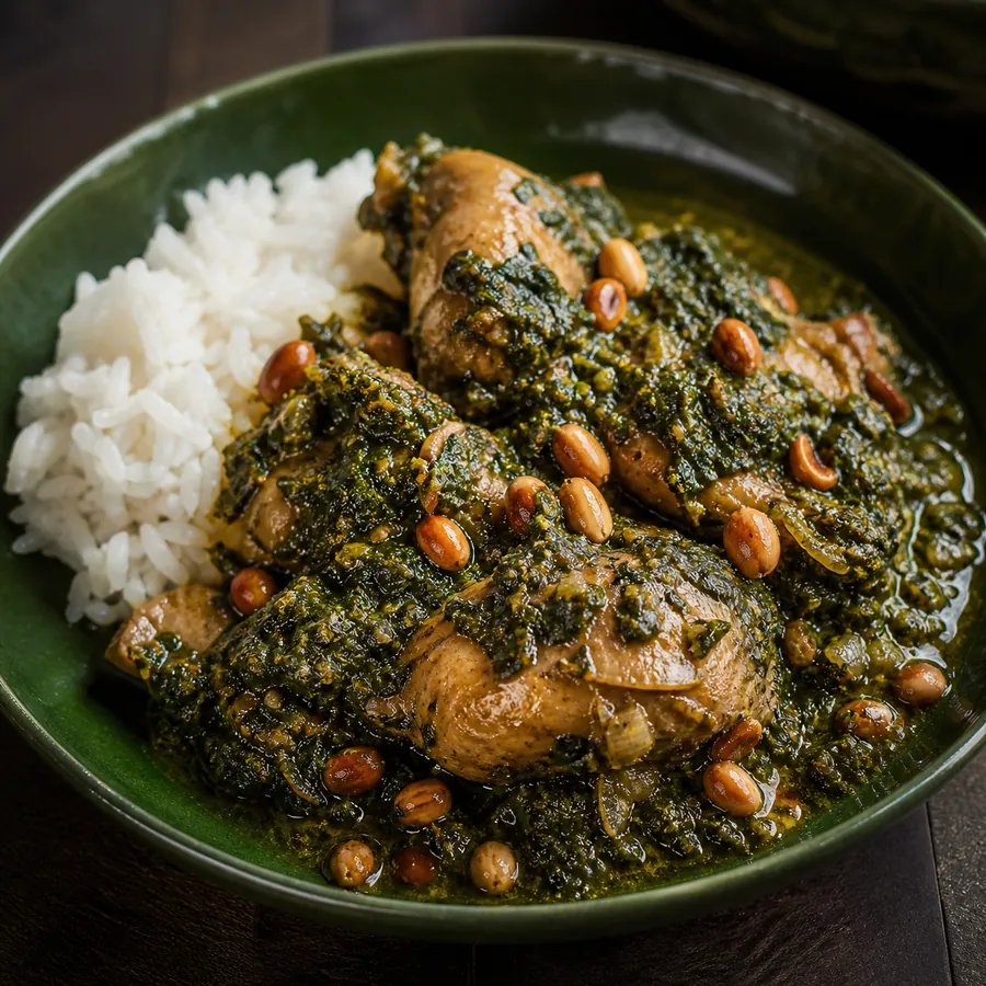 Cameroonian Ndole Chicken with peanuts and rice