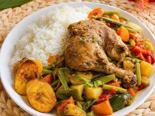 Cameroonian Poulet DG Vegetable Skillet, plated as a finished dinner