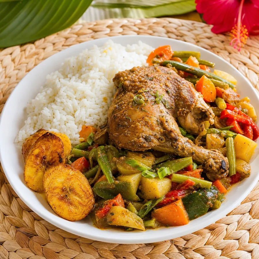 Cameroonian Poulet DG Vegetable Skillet, plated as a finished dinner