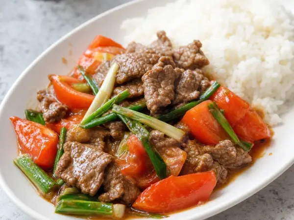 Cantonese Tomato Beef Stir-Fry with Rice, finished dish