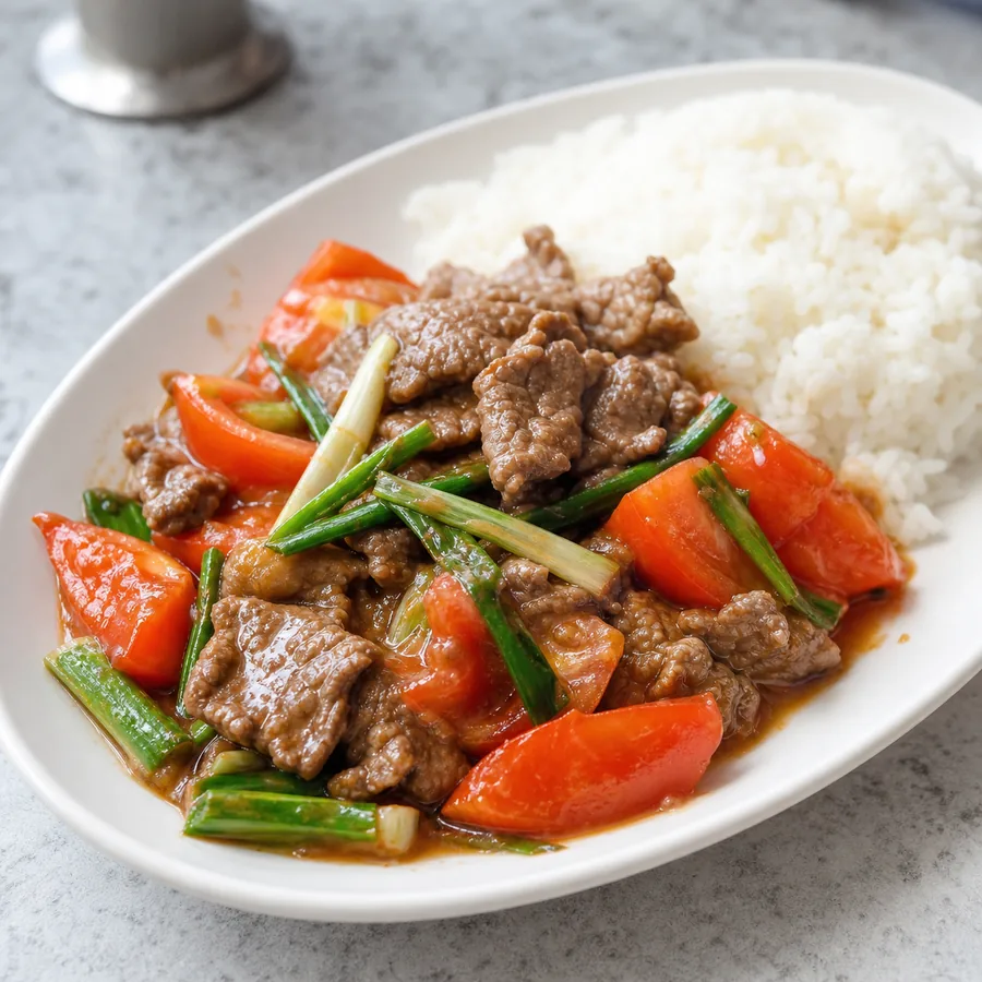 Cantonese Tomato Beef Stir-Fry with Rice, finished dish