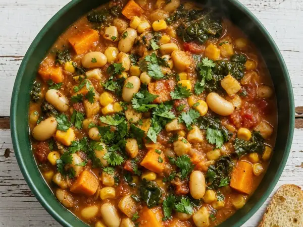 Cape Verdean Cachupa-inspired bean and corn stew in a green bowl