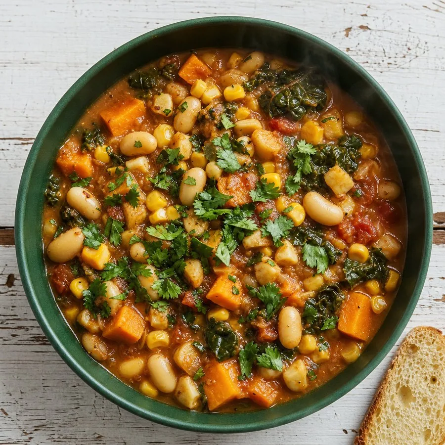 Cape Verdean Cachupa-inspired bean and corn stew in a green bowl