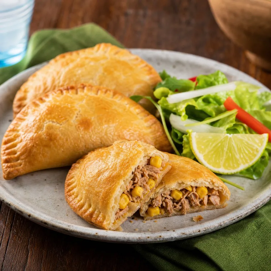 Cape Verdean Tuna Corn Hand Pies, plated as a finished dinner