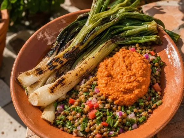Catalan Calçots with Romesco Lentil Salad, plated and ready to serve