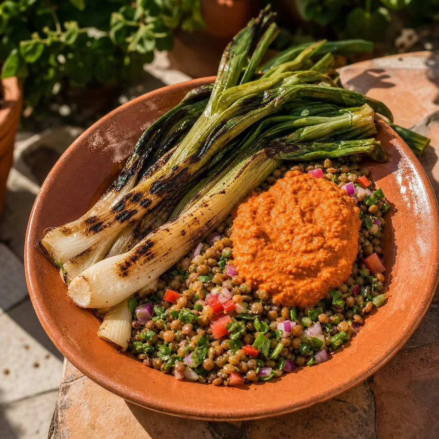 Catalan Calçots with Romesco Lentil Salad, plated and ready to serve