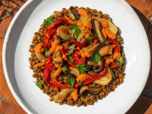 Catalan Escalivada with Romesco Lentils, finished dish