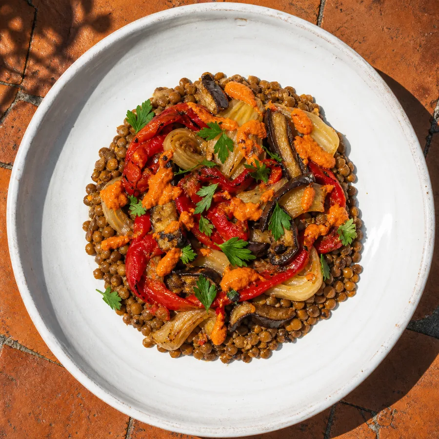 Catalan Escalivada with Romesco Lentils, finished dish