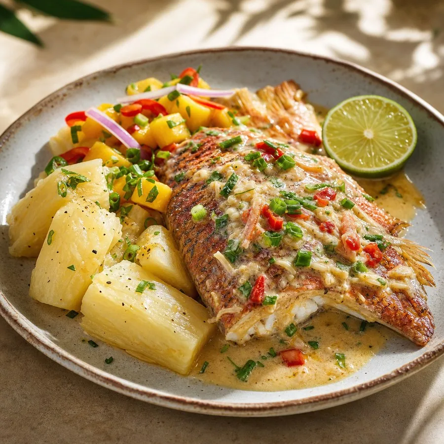 Cayman Coconut Snapper with Cassava, finished dish