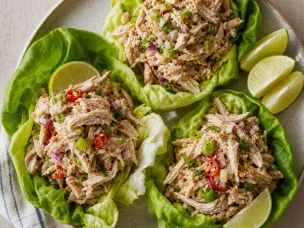Chamorro Chicken Kelaguen Lettuce Bowls, plated as a finished dinner