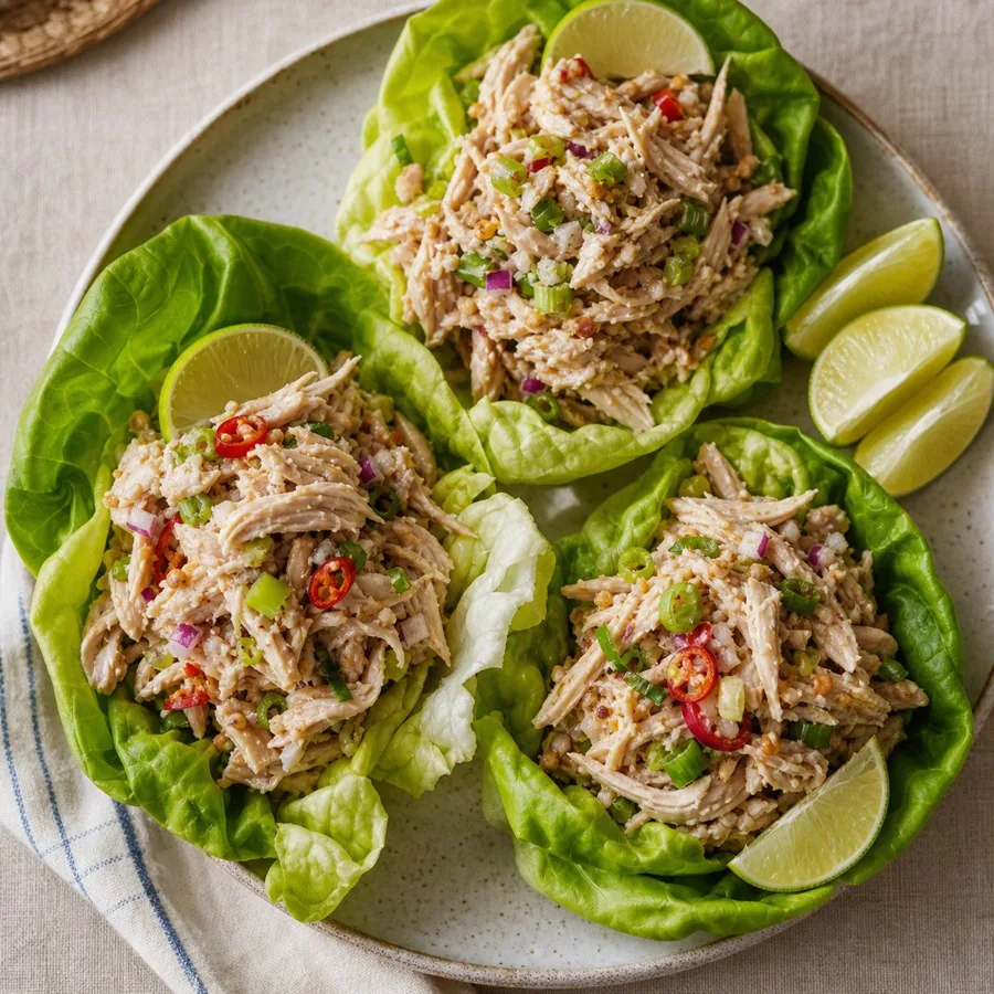 Chamorro Chicken Kelaguen Lettuce Bowls, plated as a finished dinner