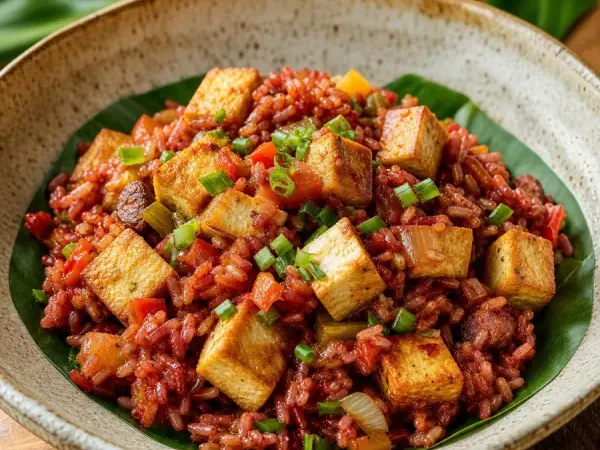 Chamorro Red Rice Tofu Skillet, plated as a finished dinner