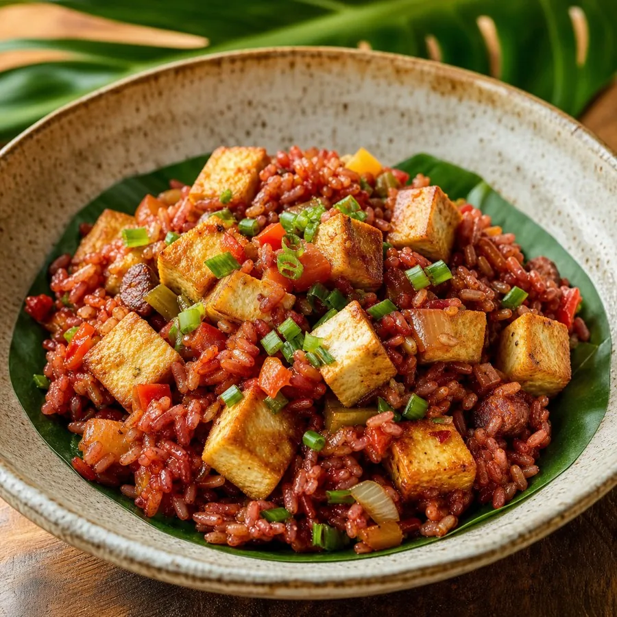 Chamorro Red Rice Tofu Skillet, plated as a finished dinner