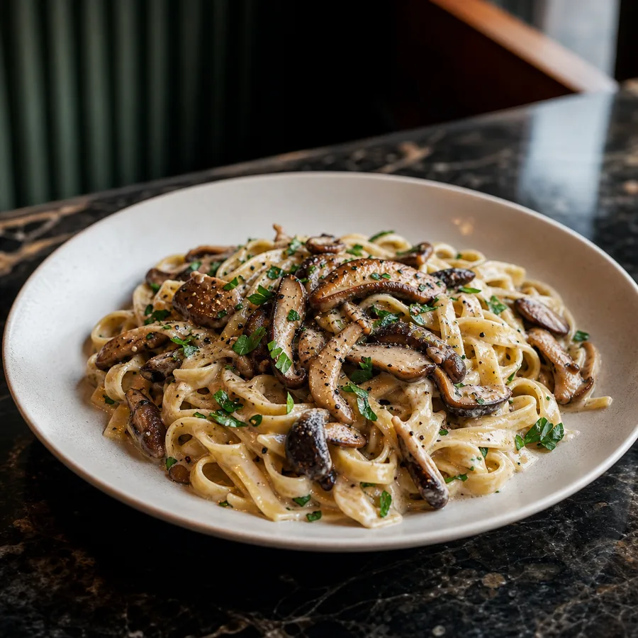 Chechen Garden Inspired Mushroom Herb Pasta, finished dish