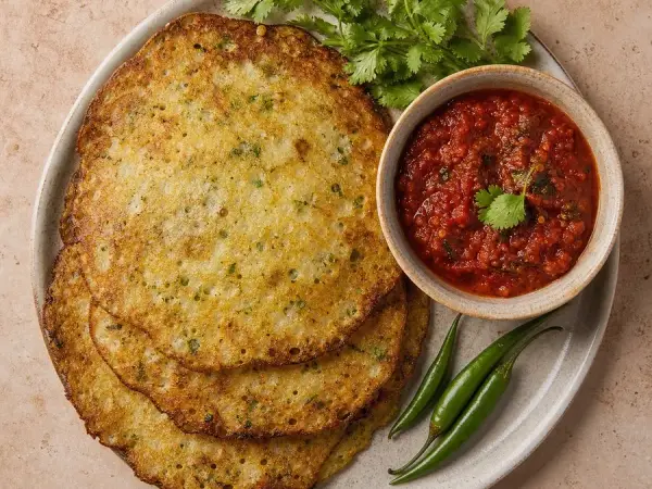 Chhattisgarhi Chila Rice Pancakes with Tomato Chutney, finished dish