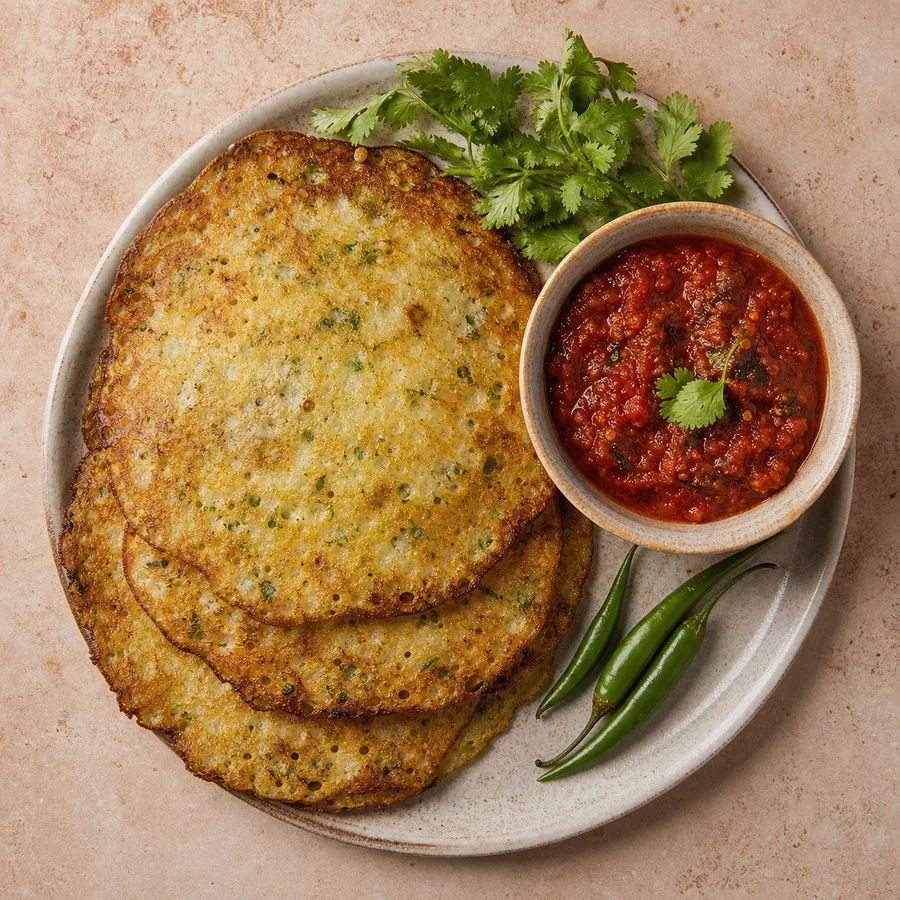 Chhattisgarhi Chila Rice Pancakes with Tomato Chutney, finished dish
