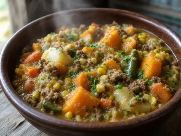 Hearty squash, potato and beef stew with corn and herbs