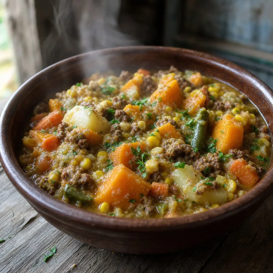 Hearty squash, potato and beef stew with corn and herbs