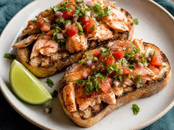 Chilean Pebre Salmon Toasts, finished dish