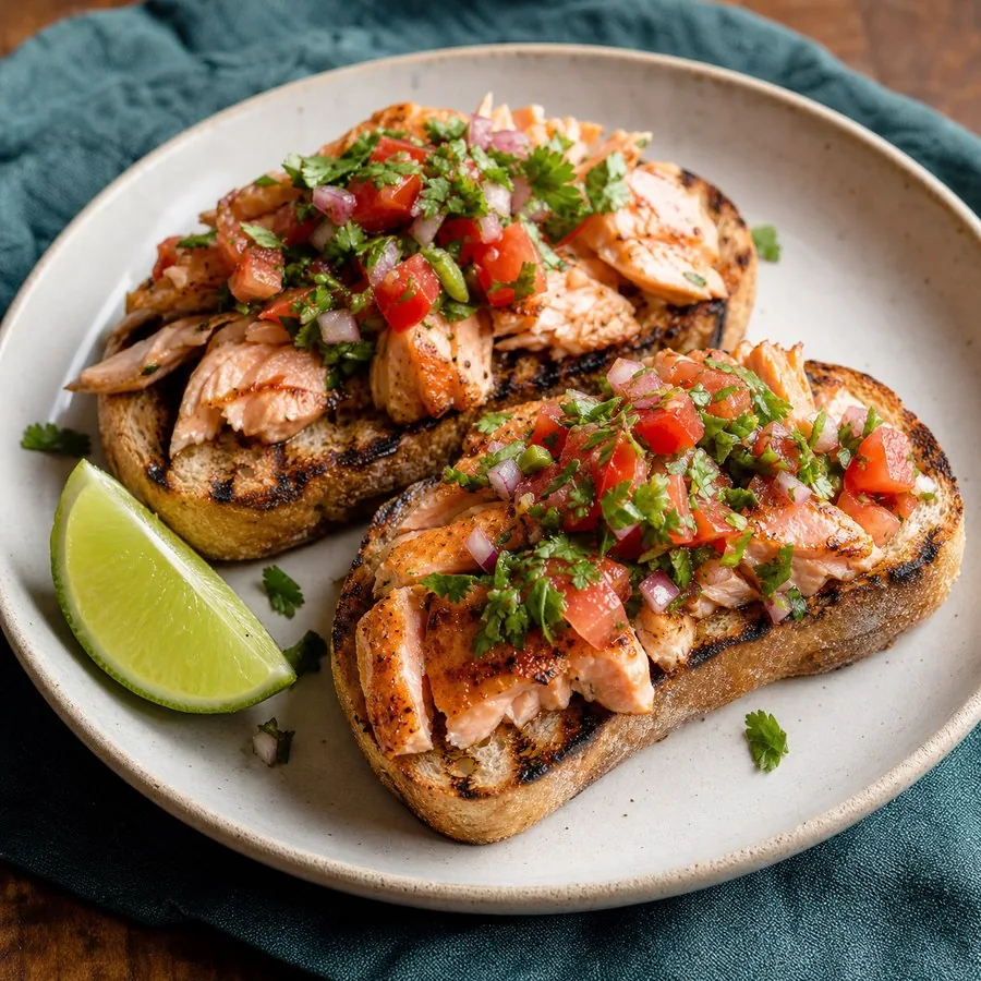Chilean Pebre Salmon Toasts, finished dish