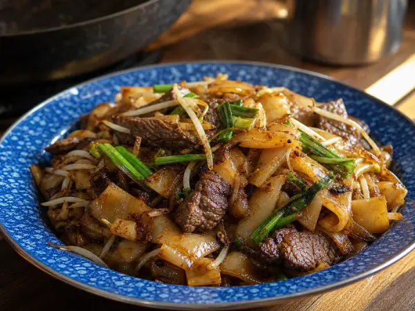 Chinese Beef Chow Fun with Bean Sprouts, finished dish