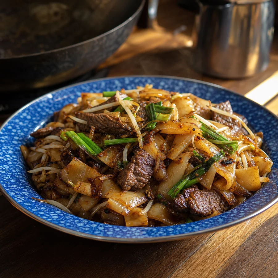 Chinese Beef Chow Fun with Bean Sprouts, finished dish