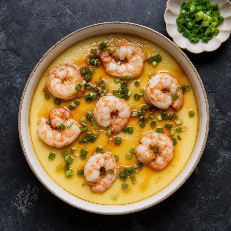 Chinese Cantonese Steamed Egg with Shrimp, original finished dish food photograph