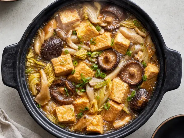 Chinese Clay Pot Tofu with Mushrooms, finished dish