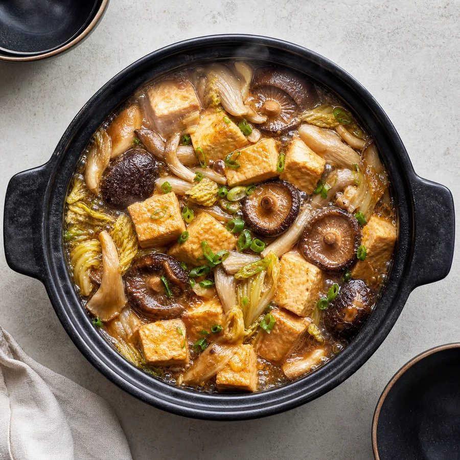 Chinese Clay Pot Tofu with Mushrooms, finished dish