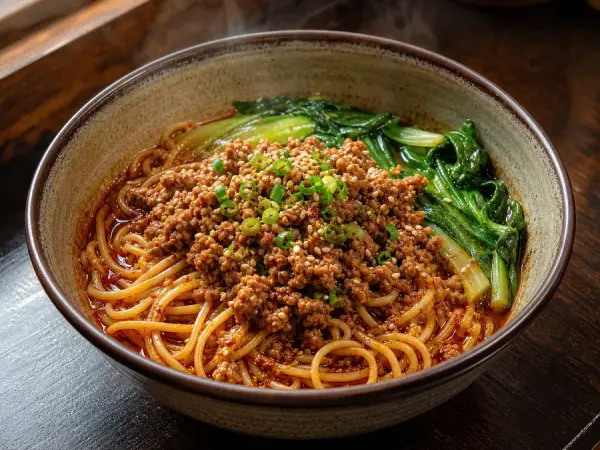 Chinese Dan Dan Noodles with Pork and Greens, finished dish