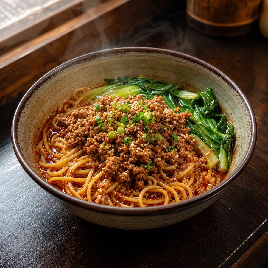 Chinese Dan Dan Noodles with Pork and Greens, finished dish