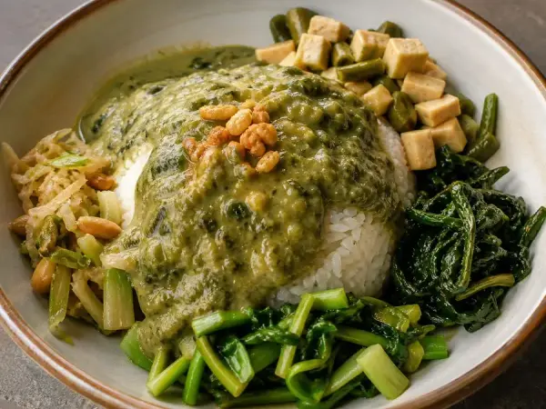 Chinese Hakka Lei Cha Vegetable Rice Bowl, original finished dish food photograph