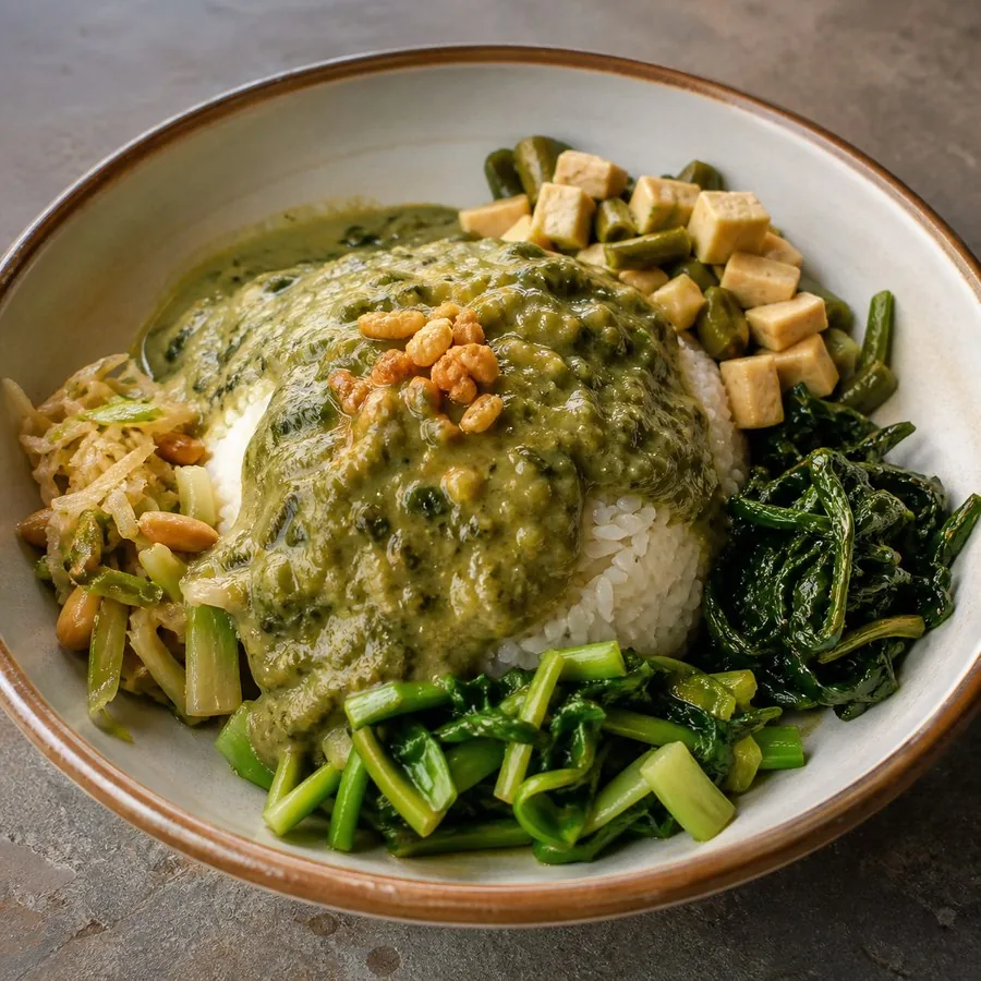Chinese Hakka Lei Cha Vegetable Rice Bowl, original finished dish food photograph