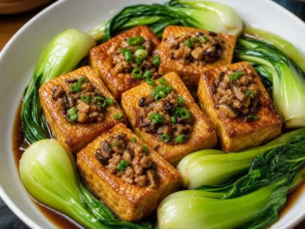 Chinese Hakka Stuffed Tofu with Greens, finished dish