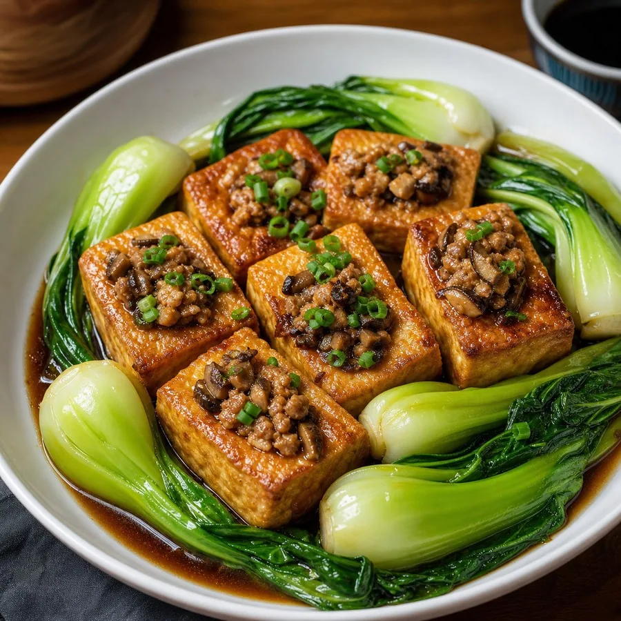 Chinese Hakka Stuffed Tofu with Greens, finished dish